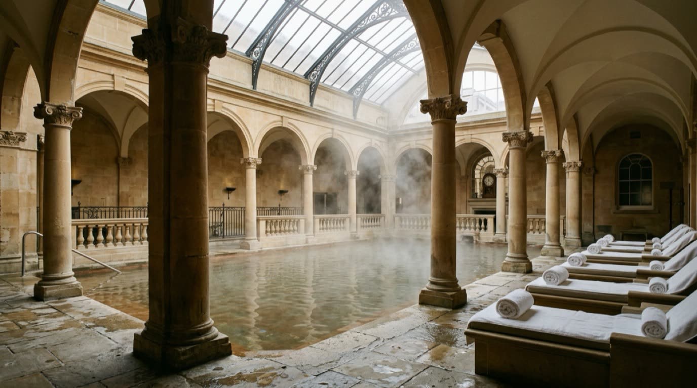 Thermal spring pool and Georgian colonnades in Bath
