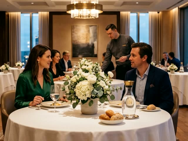 Fine dining restaurant white linen tables and elegant crystal lighting
