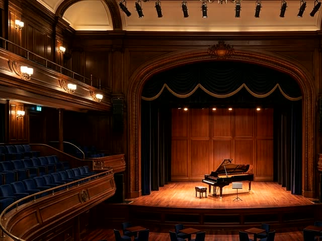 Acoustic music hall and Steinway grand piano under crystal chandelier