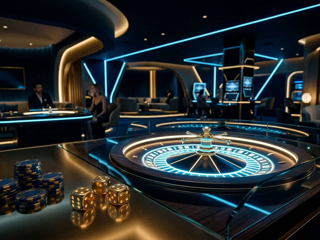 Exclusive high-limit luxury casino salon with gold dice and glowing roulette