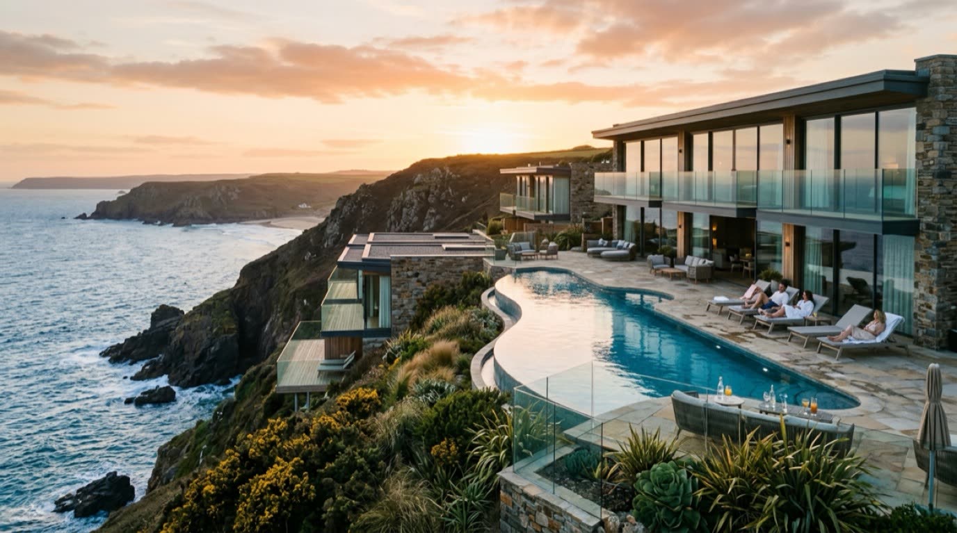 Clifftop Haven Resort perched high on Cornish bluffs over the turquoise Atlantic