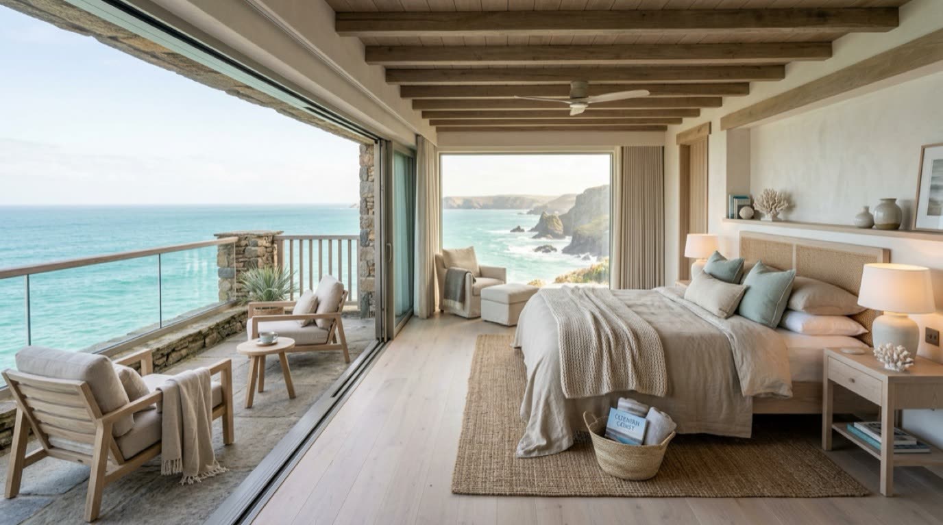 Cornish oceanfront bedroom suite with open sliding doors to terrace and turquoise sea