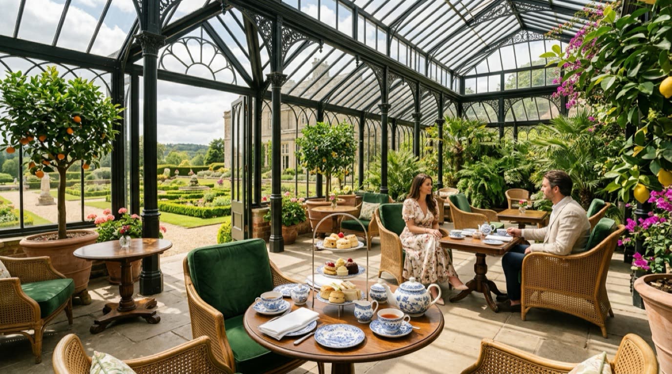 Sunlit glass conservatory and afternoon tea at The Glasshouse Orangery
