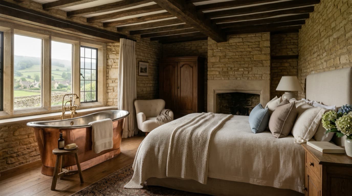Cotswolds country manor suite with exposed stone walls, rustic oak beams and freestanding copper soaking tub