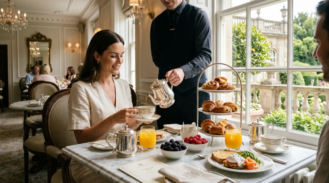 Traditional English afternoon tea in the Victorian glass conservatory with silver teapot, scones, and pastries