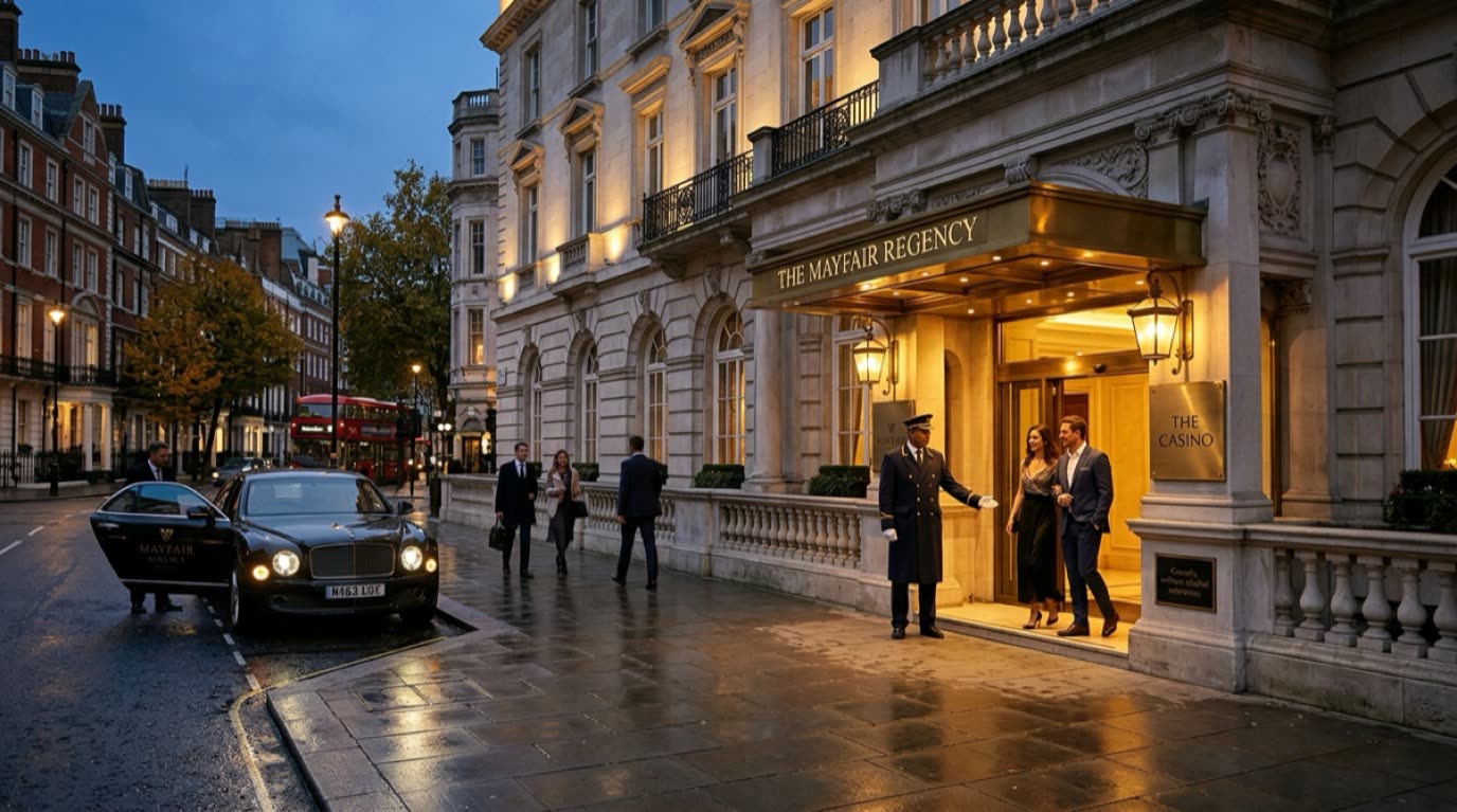 The Mayfair Regency grand entrance with doorman and lit lanterns