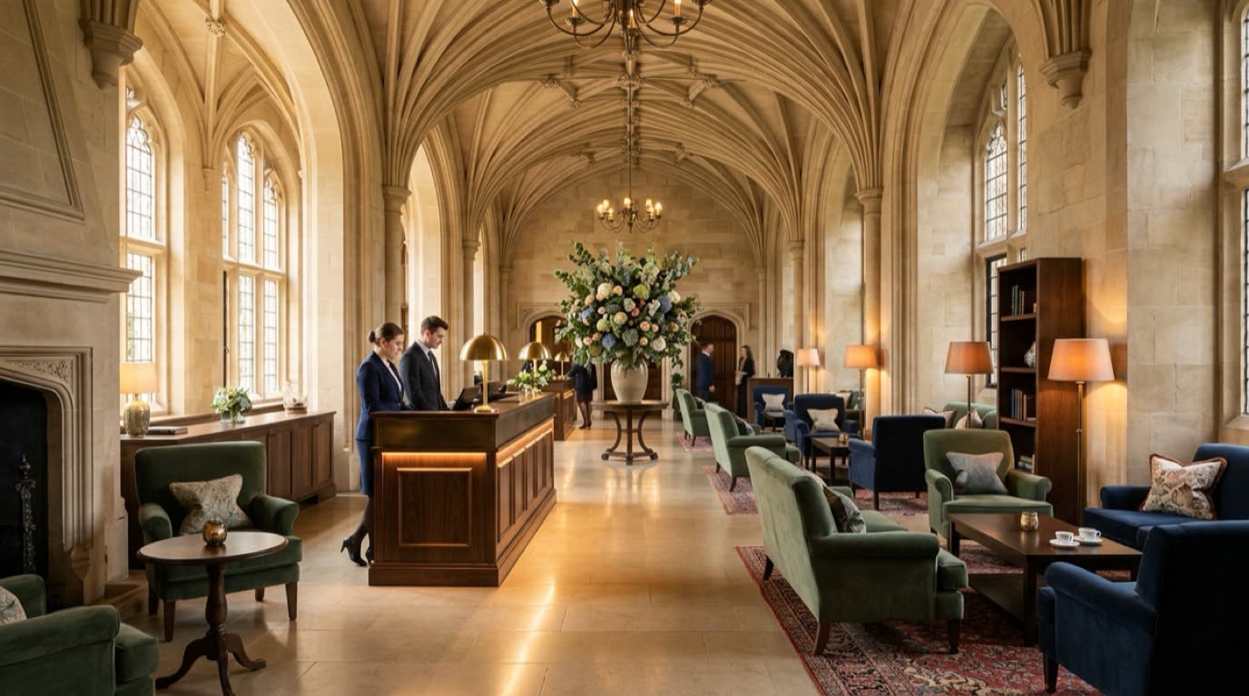 Stone arched reception lobby and comfortable green armchairs