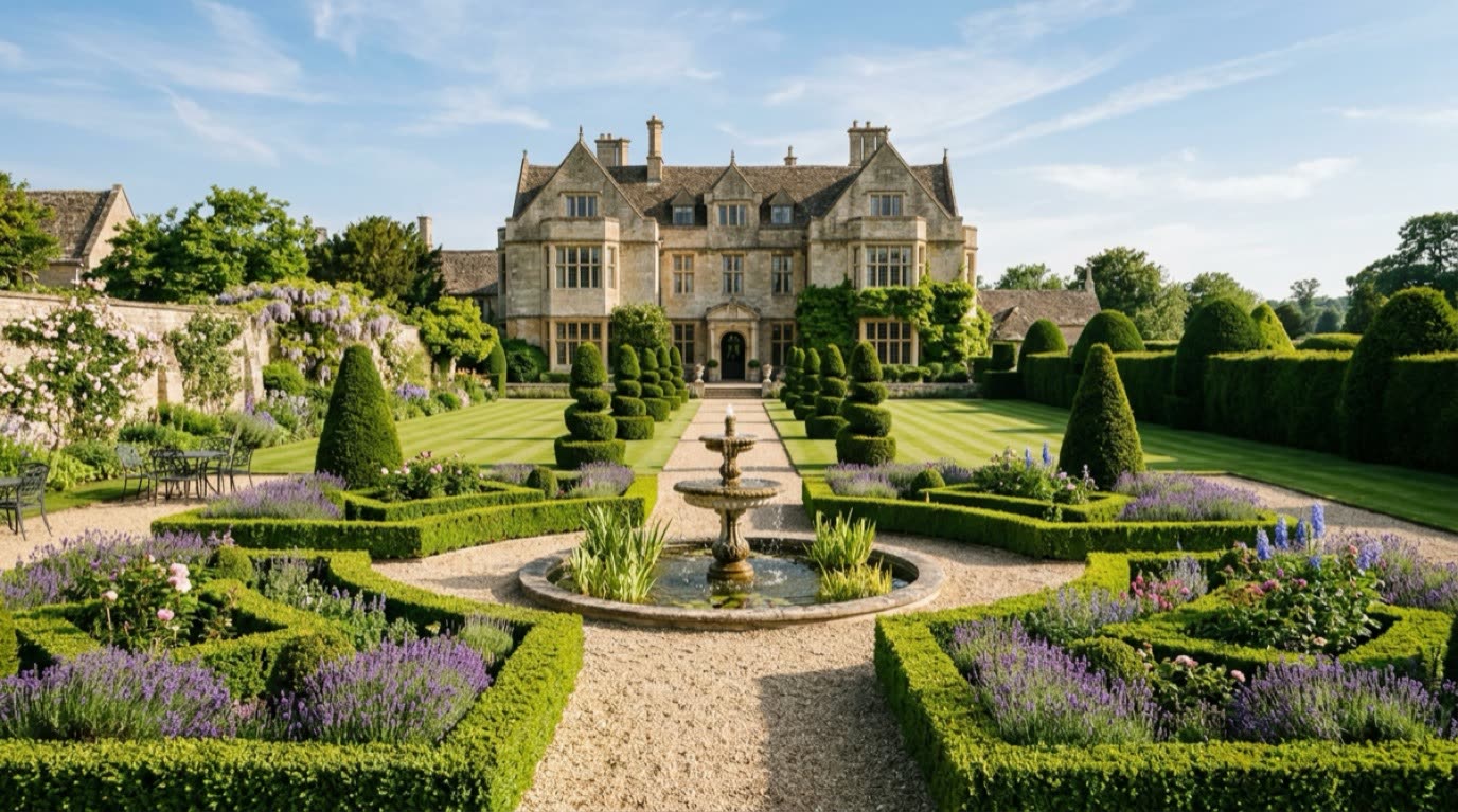 The St. Alban Manor country club and lavender parterre gardens