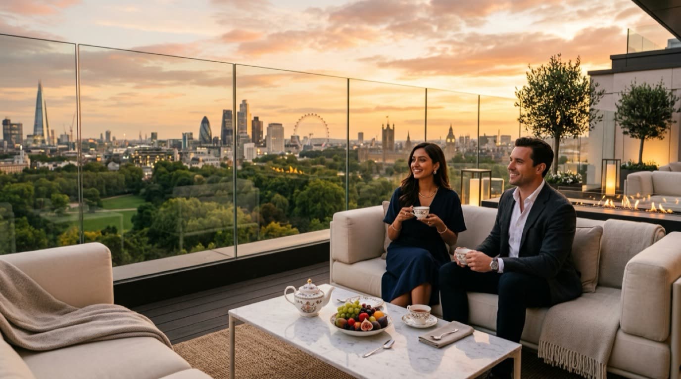 Penthouse terrace overlooking London skyline and royal parks at dusk