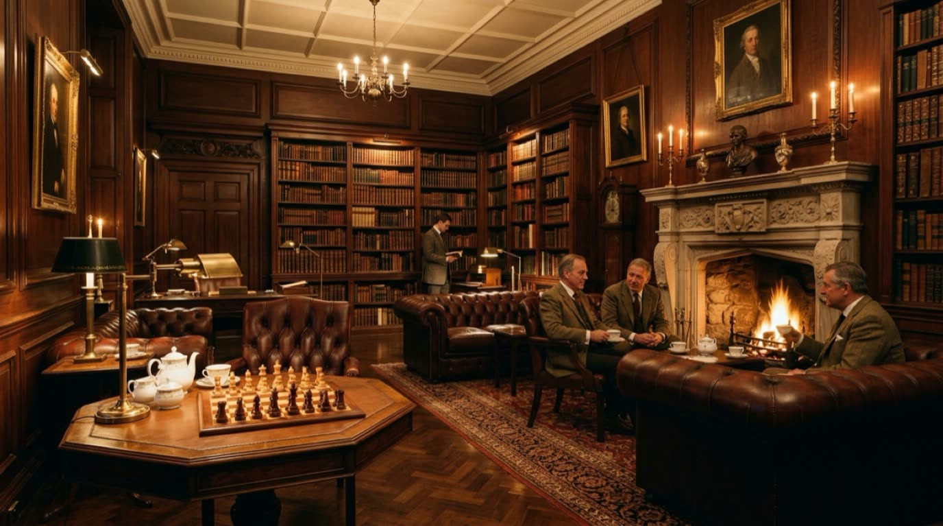 Wood-panelled Curzon library lounge with fireplace and chesterfield armchairs in Mayfair Grand