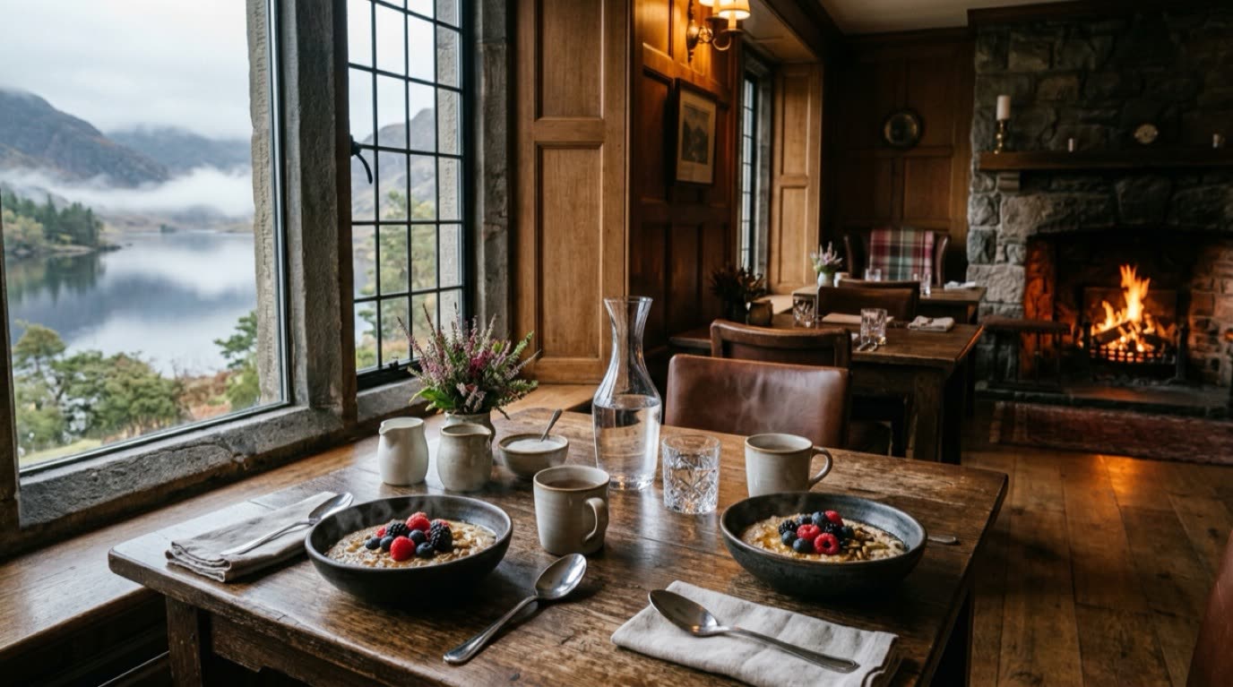 Hot oatmeal porridge and pure spring water in lochside dining room with fireplace