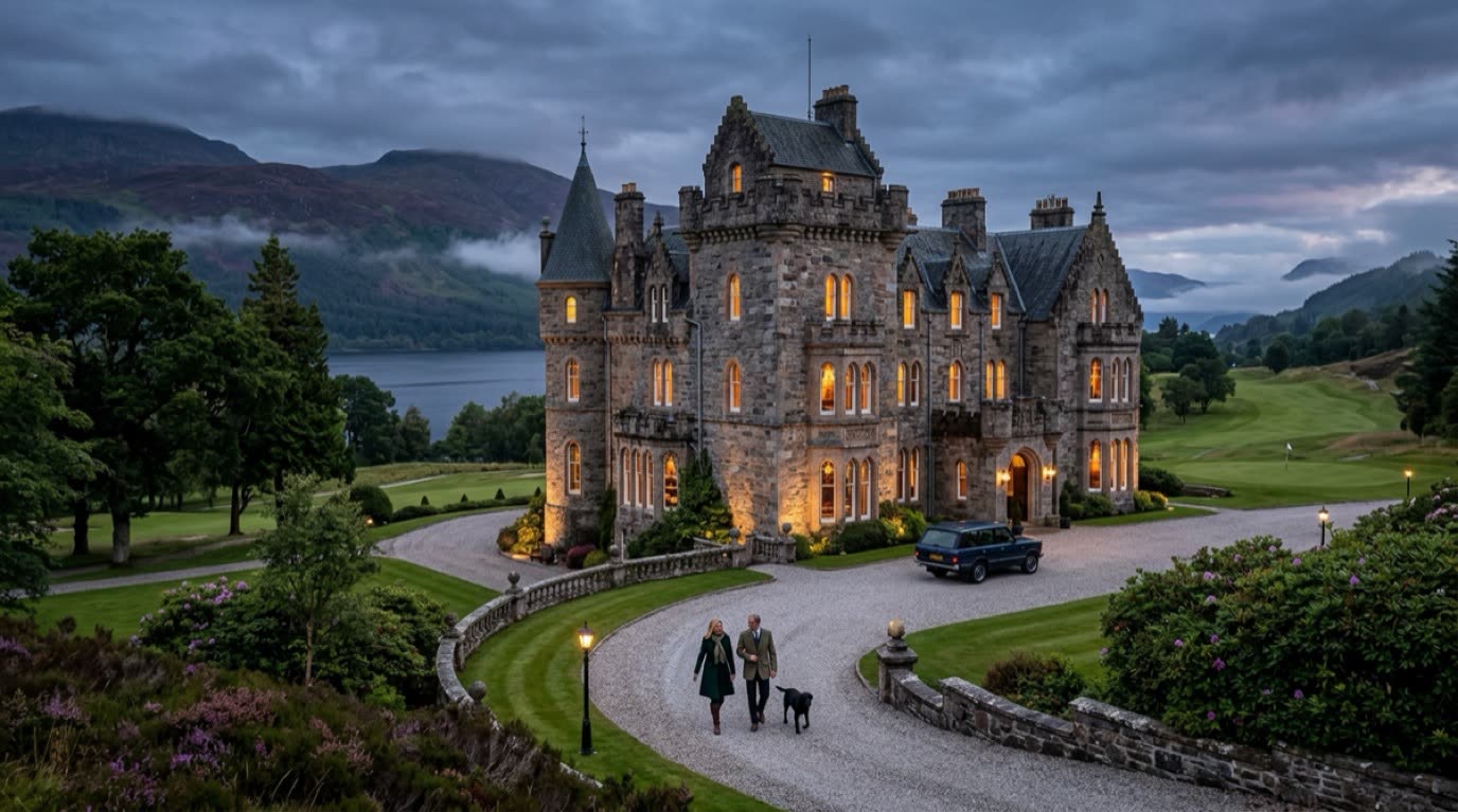 The Highland Sovereign Scottish baronial castle hotel at twilight