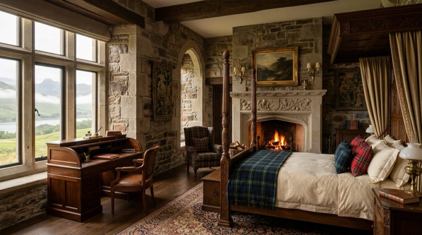 Four-poster bed and stone fireplace in Scottish castle bedroom suite