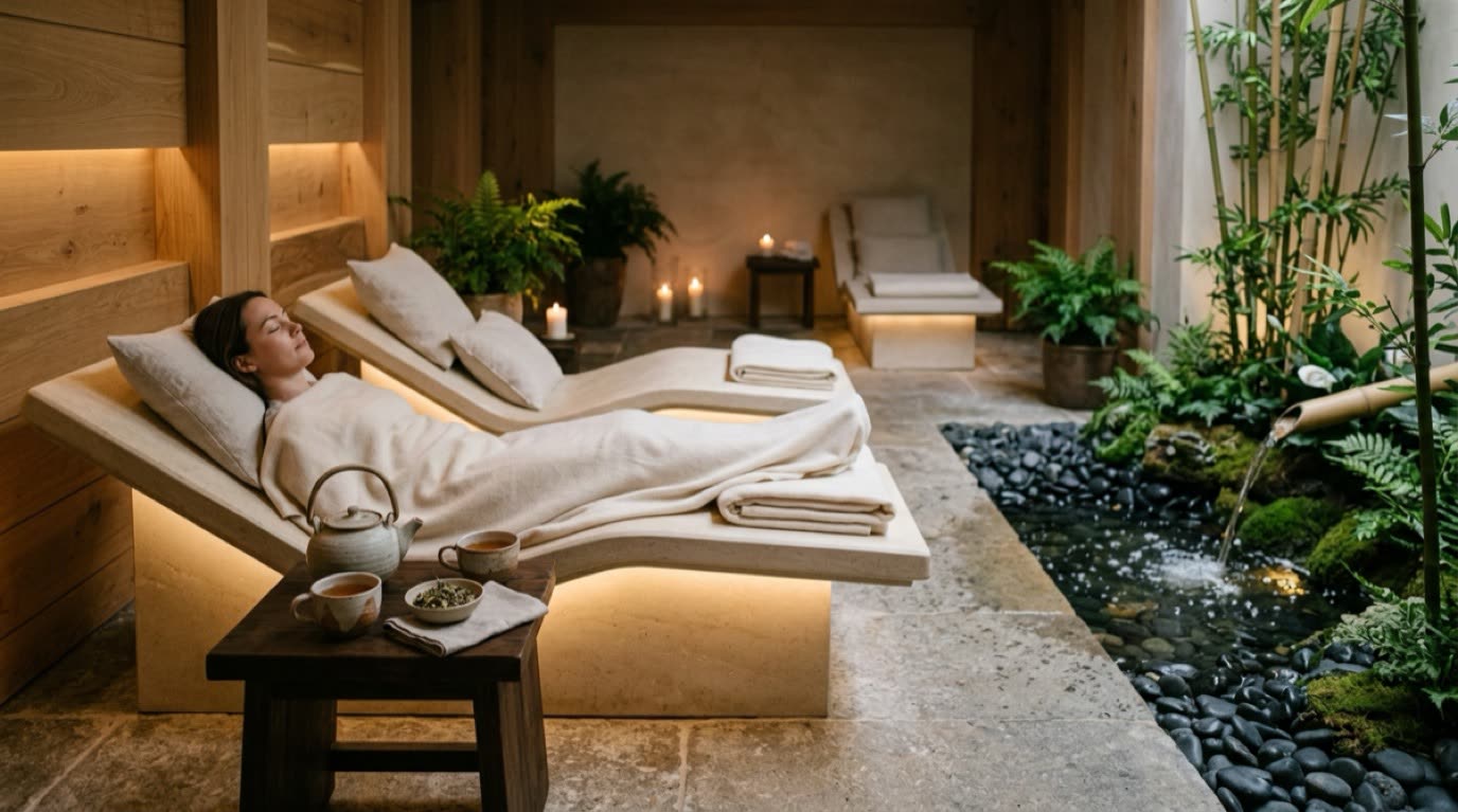 Serene heated limestone loungers and herbal tea service in spa lounge
