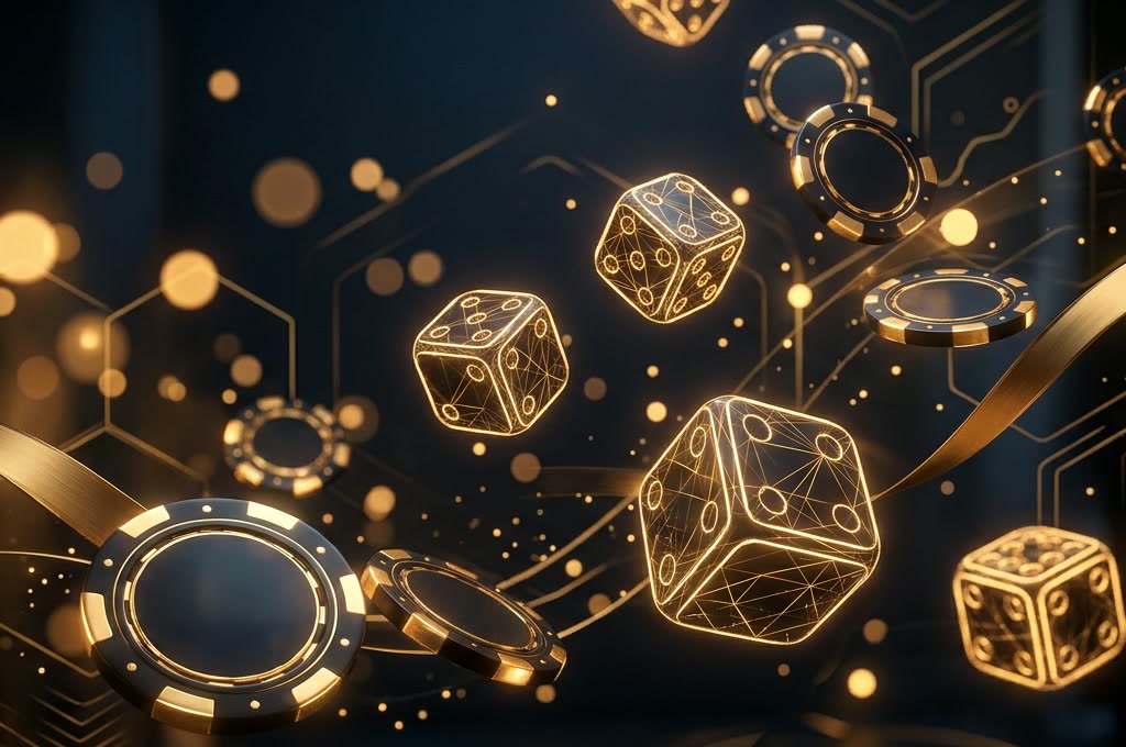 Glowing geometric gold dice and casino chips against dark navy setting