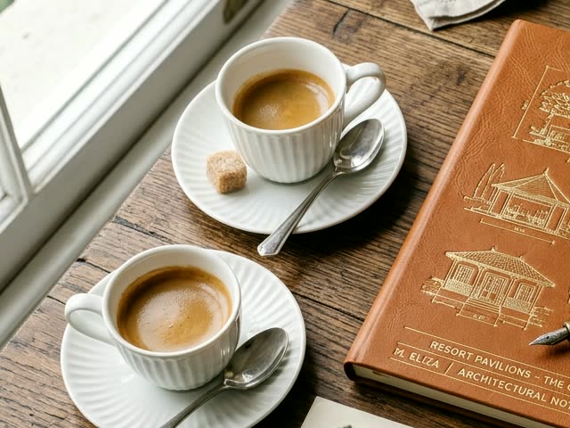 Hotel editor desk flatlay with fountain pen, architectural notes and espresso